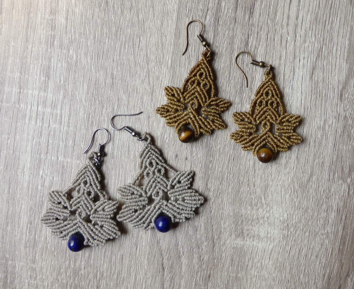 Makrame minđuše sa kamenim perlama i lišćem